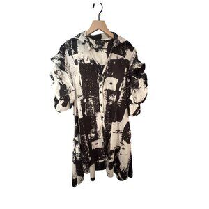 Step So Style Womens Black & White Abstract Button-Up Dress With Ruffled Sleeves